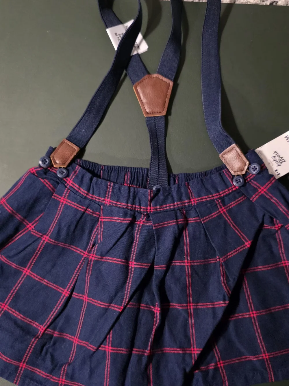 OshKosh B'gosh Navy Plaid Skirt-Shorts with Red Lines and Suspenders